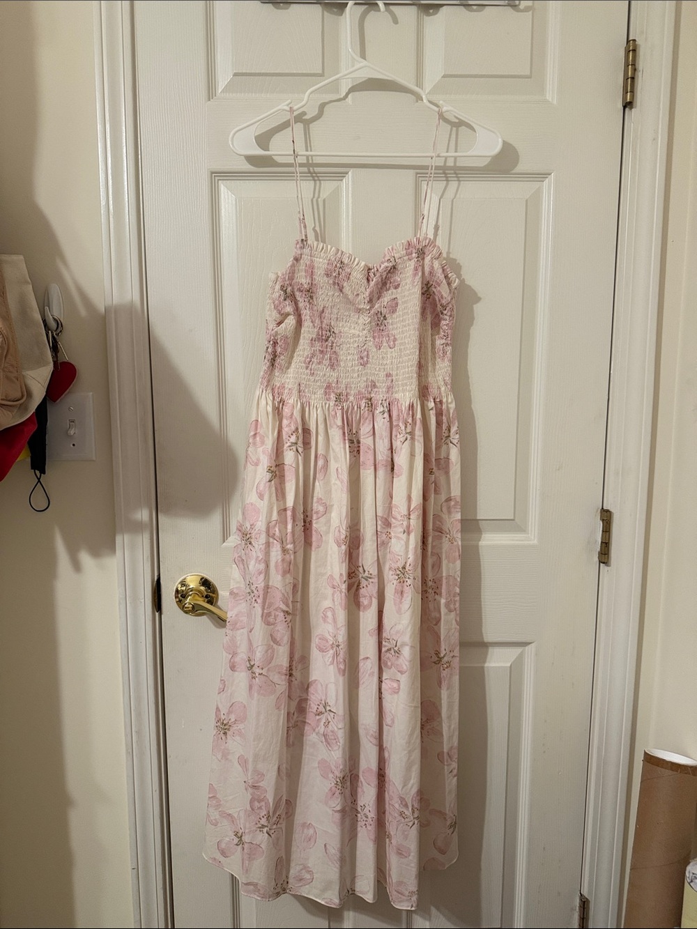 Pink Floral Smocked Midi Dress